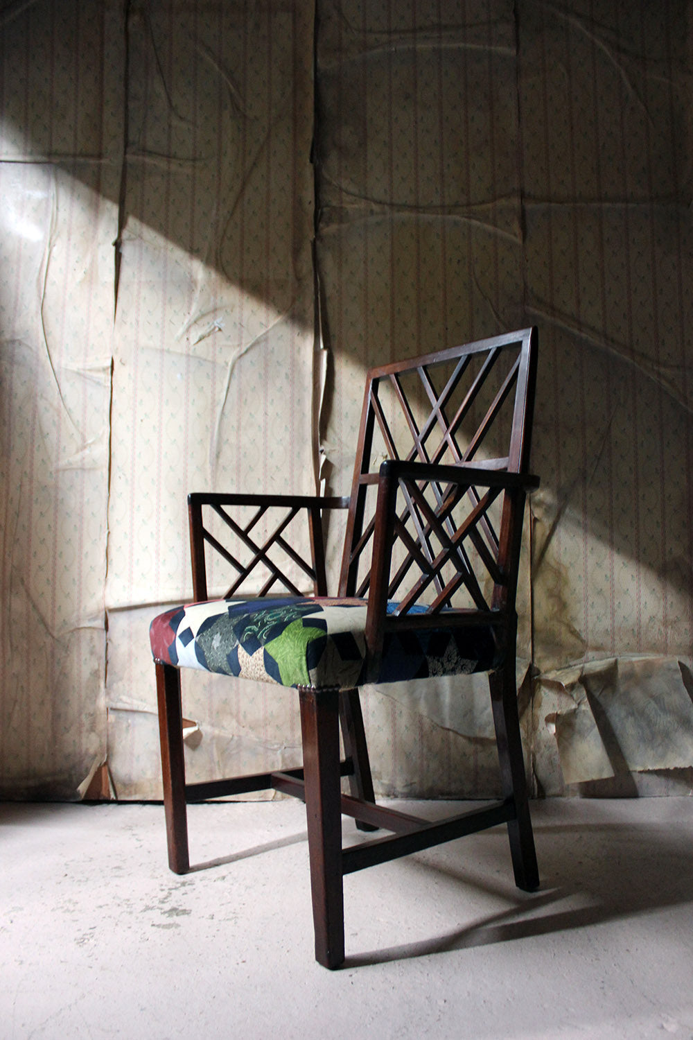A George III Chinese Chippendale Mahogany & Velvet Upholstered Cockpen Armchair c.1770