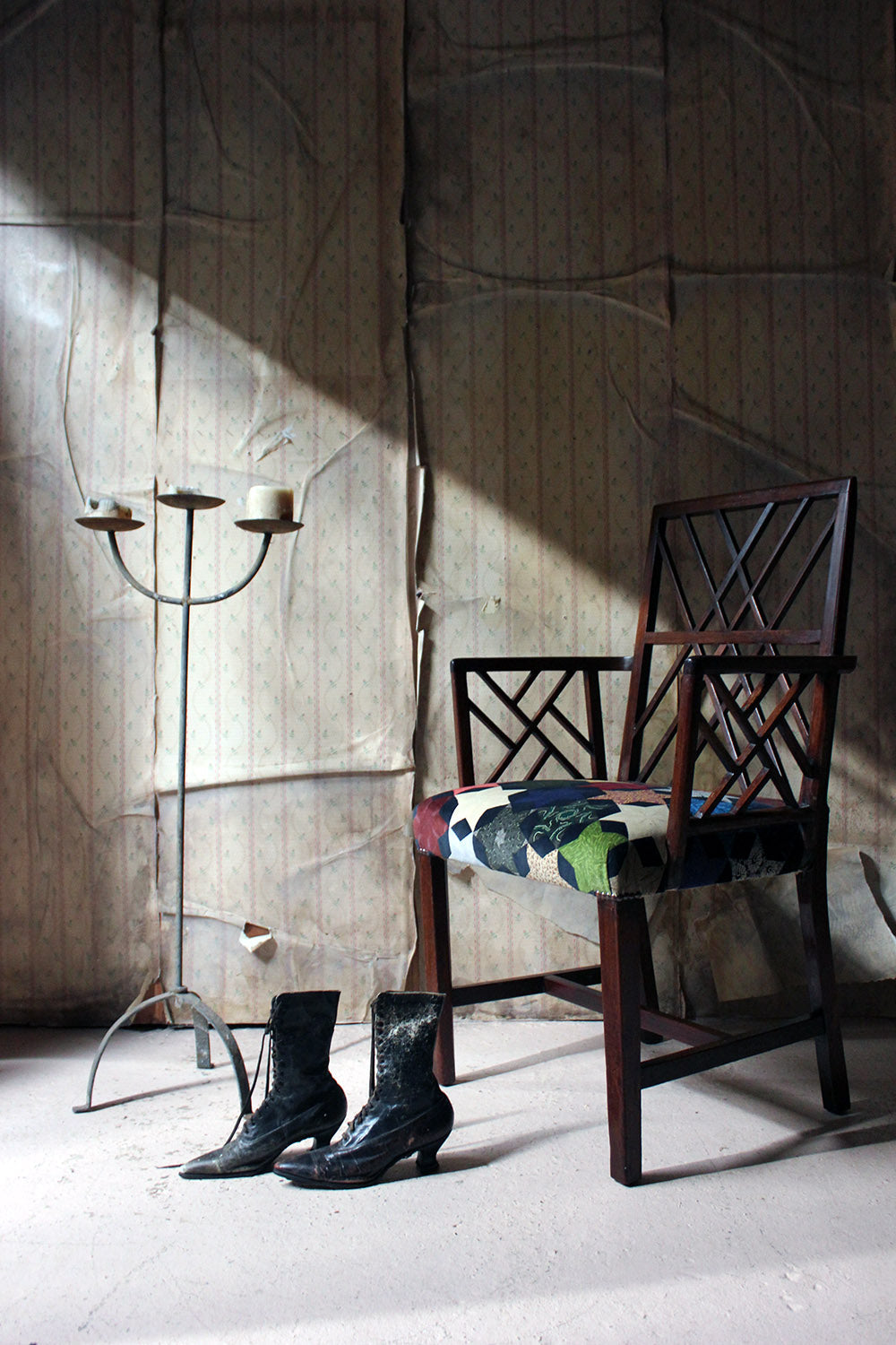 A George III Chinese Chippendale Mahogany & Velvet Upholstered Cockpen Armchair c.1770