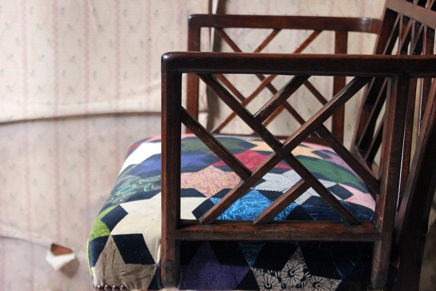 A George III Chinese Chippendale Mahogany & Velvet Upholstered Cockpen Armchair c.1770
