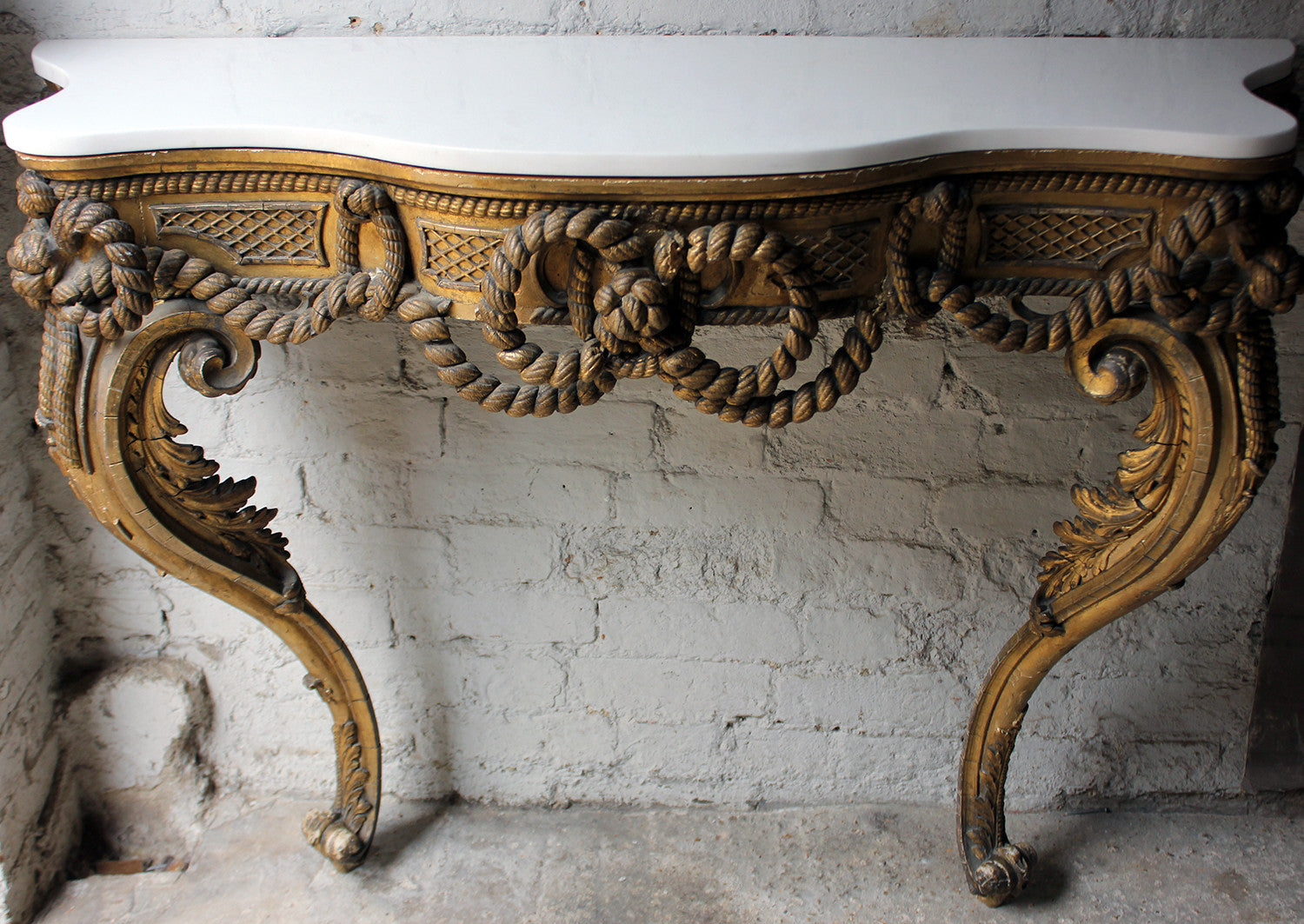 A Beautiful French Giltwood Gesso & Marble Topped Rope-Twist Console Table c.1865