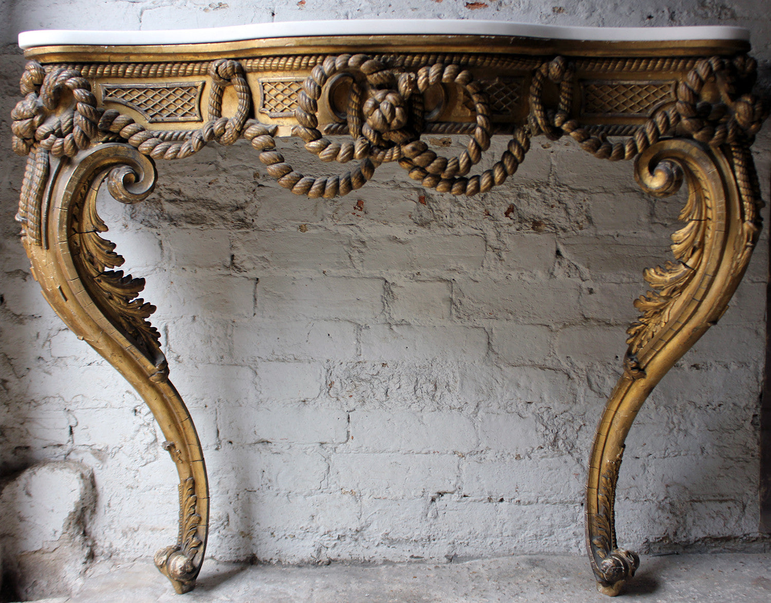 A Beautiful French Giltwood Gesso & Marble Topped Rope-Twist Console Table c.1865