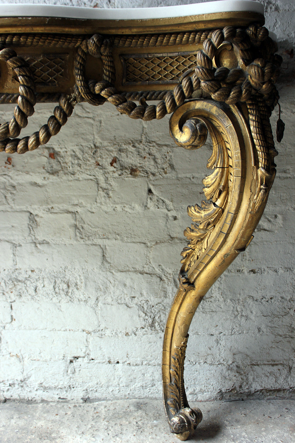 A Beautiful French Giltwood Gesso & Marble Topped Rope-Twist Console Table c.1865