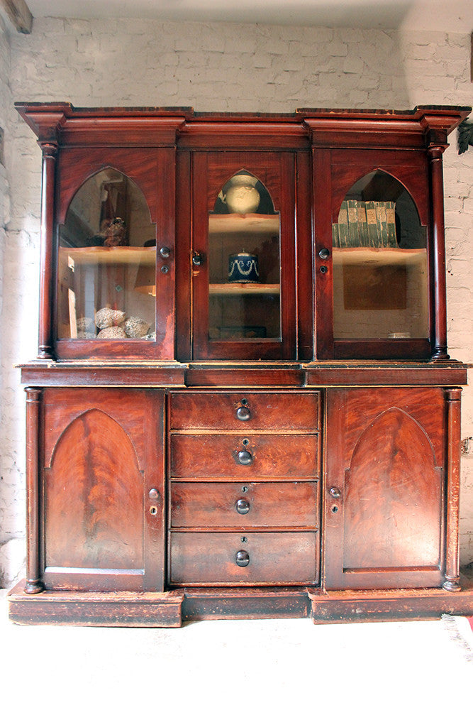 A Decorative c.1840 Gothic Revival Stained Pine Breakfront Bookcase