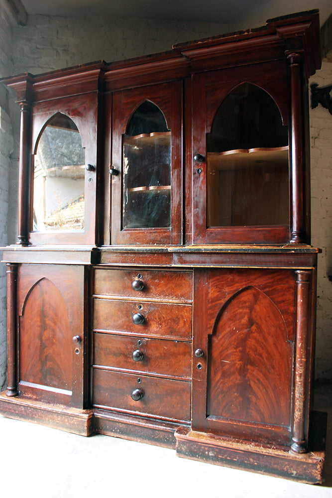 A Decorative c.1840 Gothic Revival Stained Pine Breakfront Bookcase