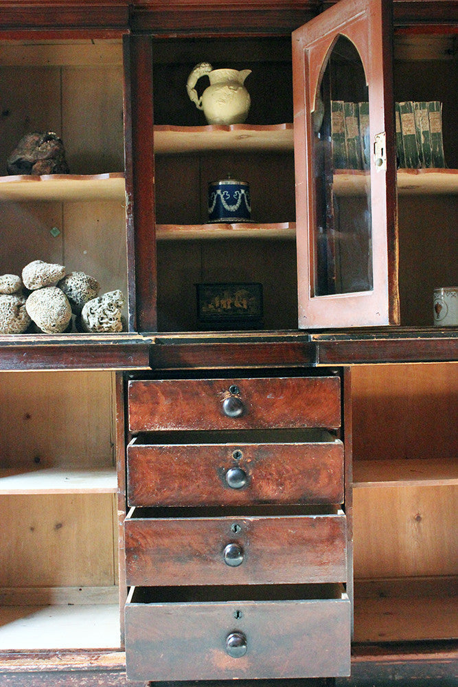 A Decorative c.1840 Gothic Revival Stained Pine Breakfront Bookcase
