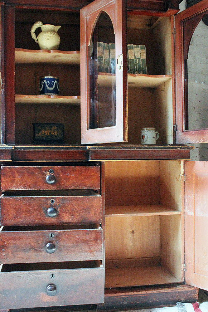A Decorative c.1840 Gothic Revival Stained Pine Breakfront Bookcase