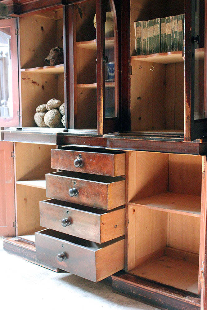 A Decorative c.1840 Gothic Revival Stained Pine Breakfront Bookcase