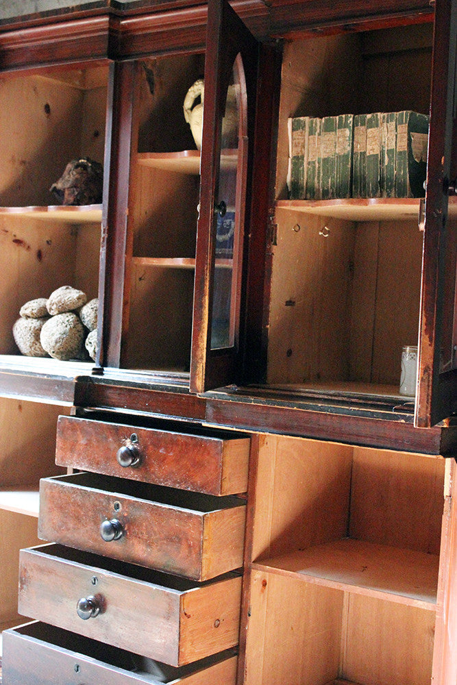 A Decorative c.1840 Gothic Revival Stained Pine Breakfront Bookcase