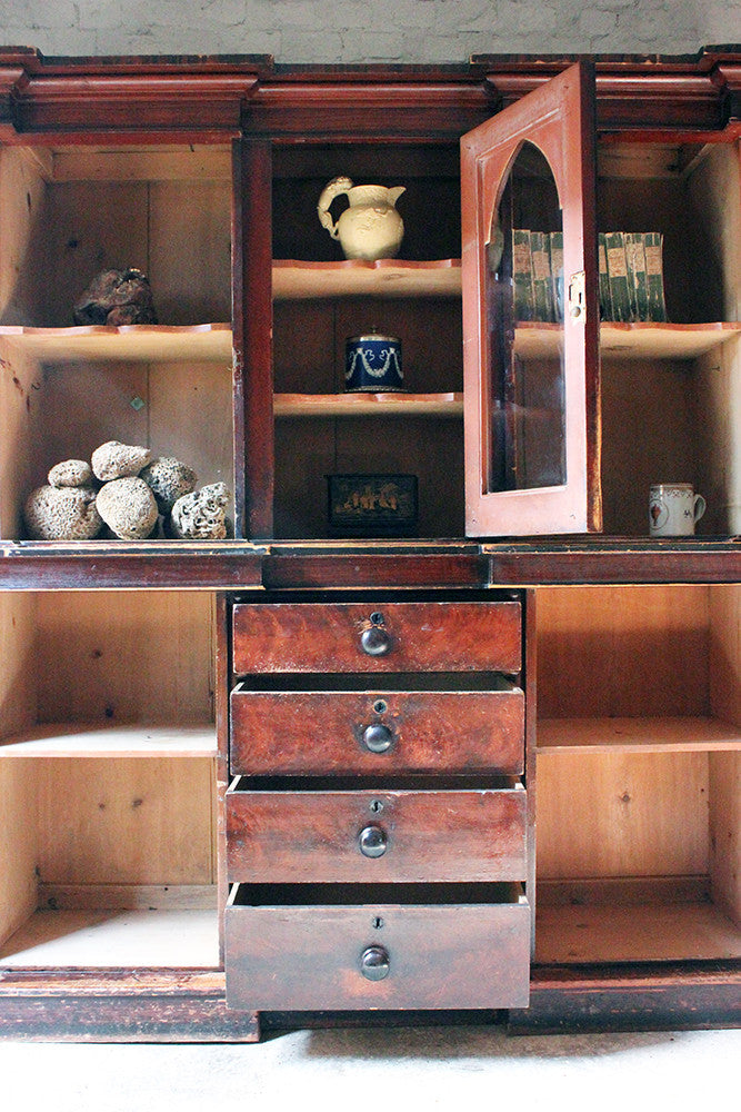 A Decorative c.1840 Gothic Revival Stained Pine Breakfront Bookcase