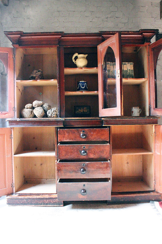 A Decorative c.1840 Gothic Revival Stained Pine Breakfront Bookcase