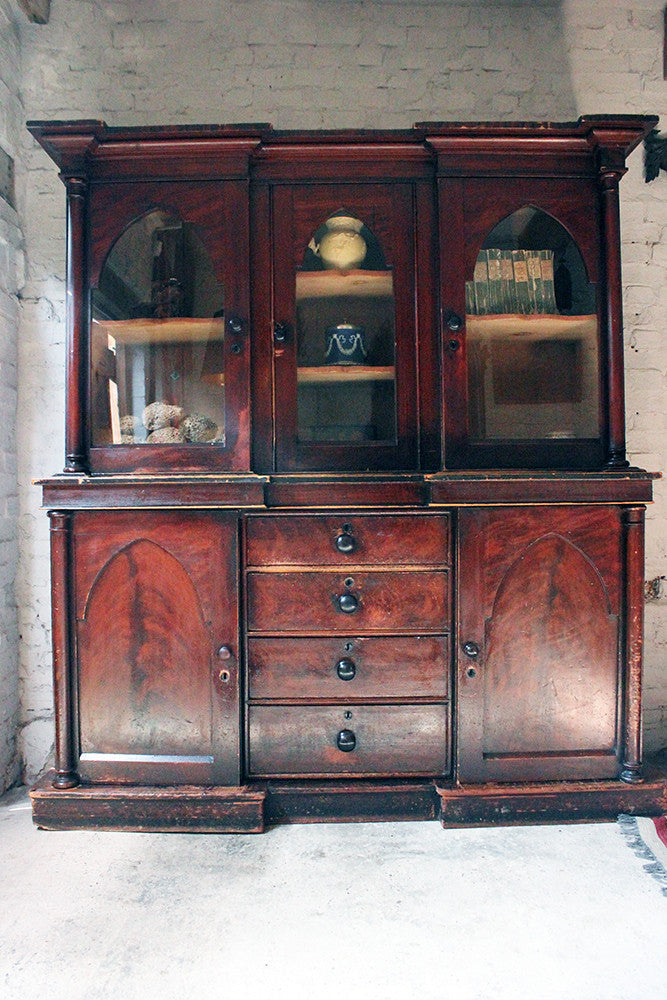 A Decorative c.1840 Gothic Revival Stained Pine Breakfront Bookcase