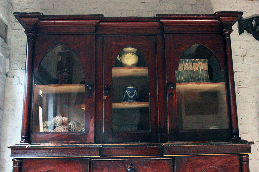 A Decorative c.1840 Gothic Revival Stained Pine Breakfront Bookcase
