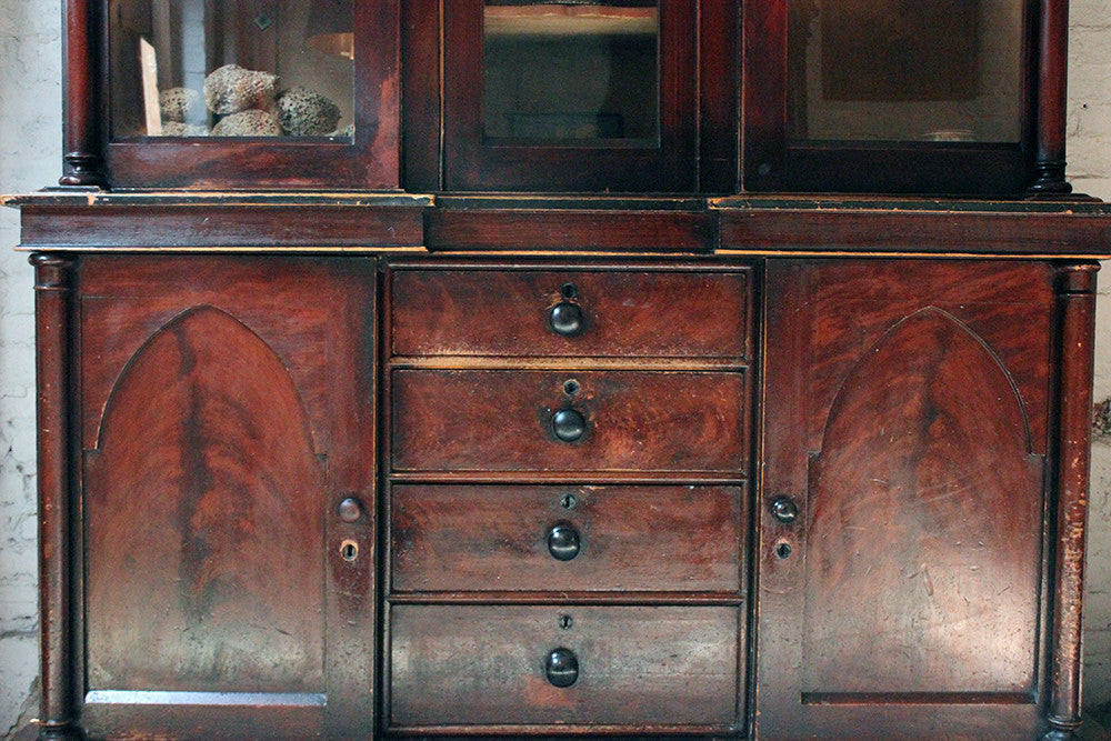 A Decorative c.1840 Gothic Revival Stained Pine Breakfront Bookcase