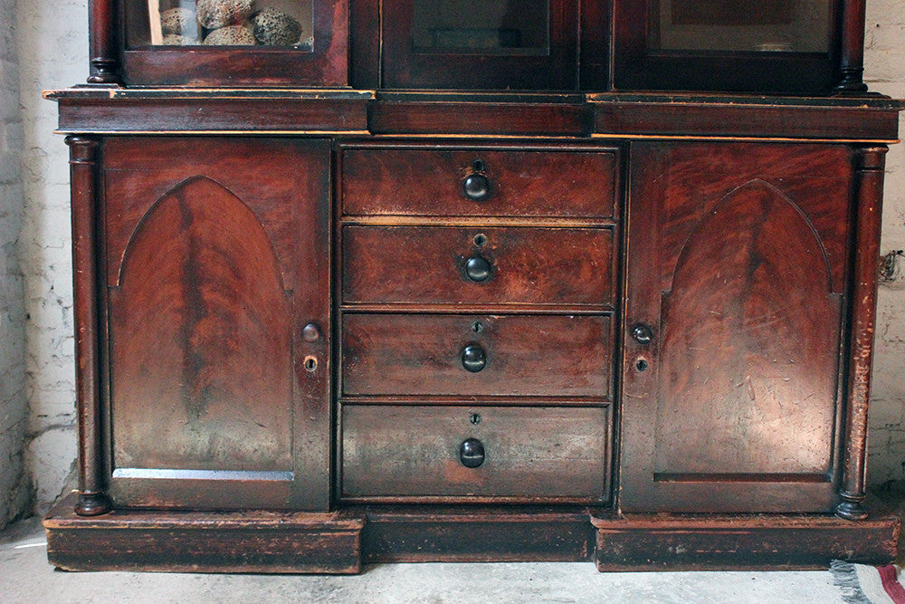 A Decorative c.1840 Gothic Revival Stained Pine Breakfront Bookcase
