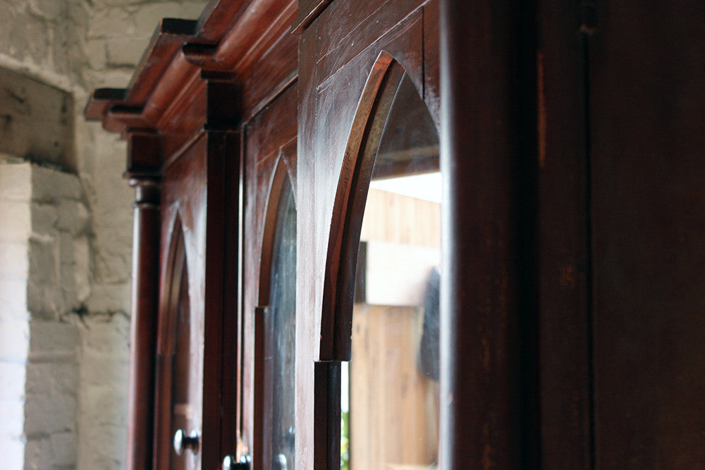 A Decorative c.1840 Gothic Revival Stained Pine Breakfront Bookcase