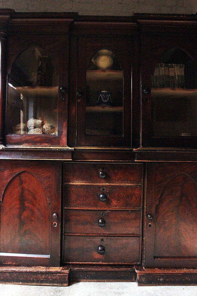 A Decorative c.1840 Gothic Revival Stained Pine Breakfront Bookcase