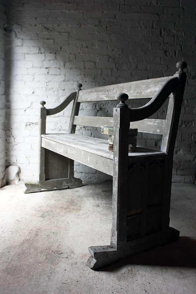 A Beautiful 19thC Ecclesiastical Gothic Revival Painted Pine Bench c.1860-70