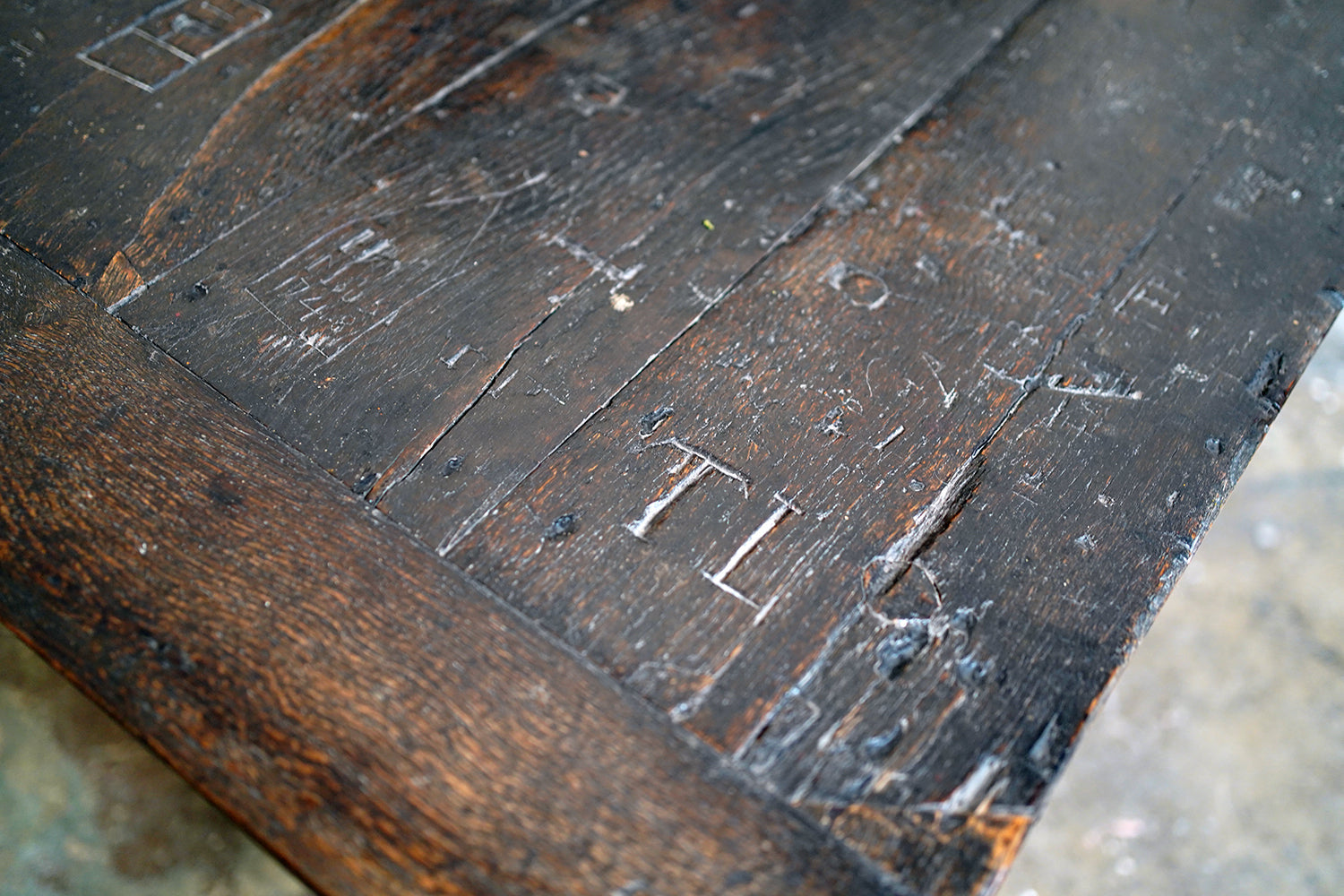 A 17thC English Graffitied Oak Refectory Table; Southwick Hall, Northamptonshire c.1680
