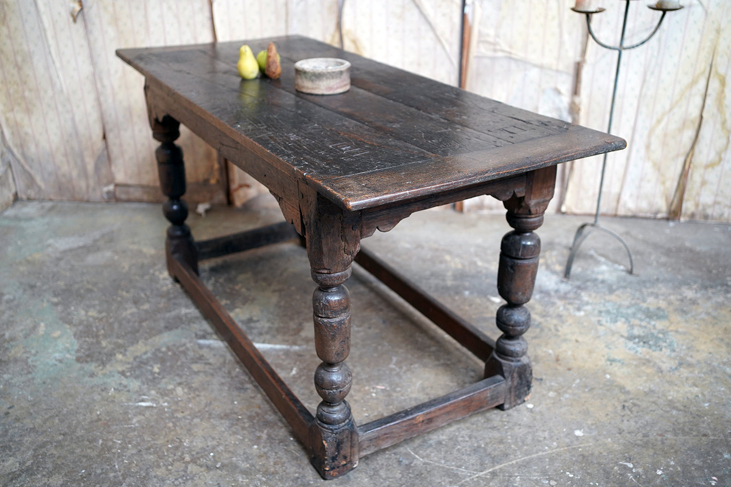 A 17thC English Graffitied Oak Refectory Table; Southwick Hall, Northamptonshire c.1680