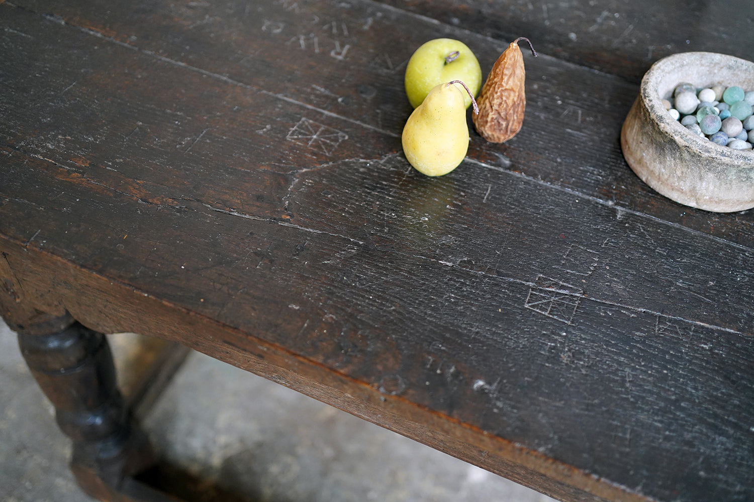 A 17thC English Graffitied Oak Refectory Table; Southwick Hall, Northamptonshire c.1680