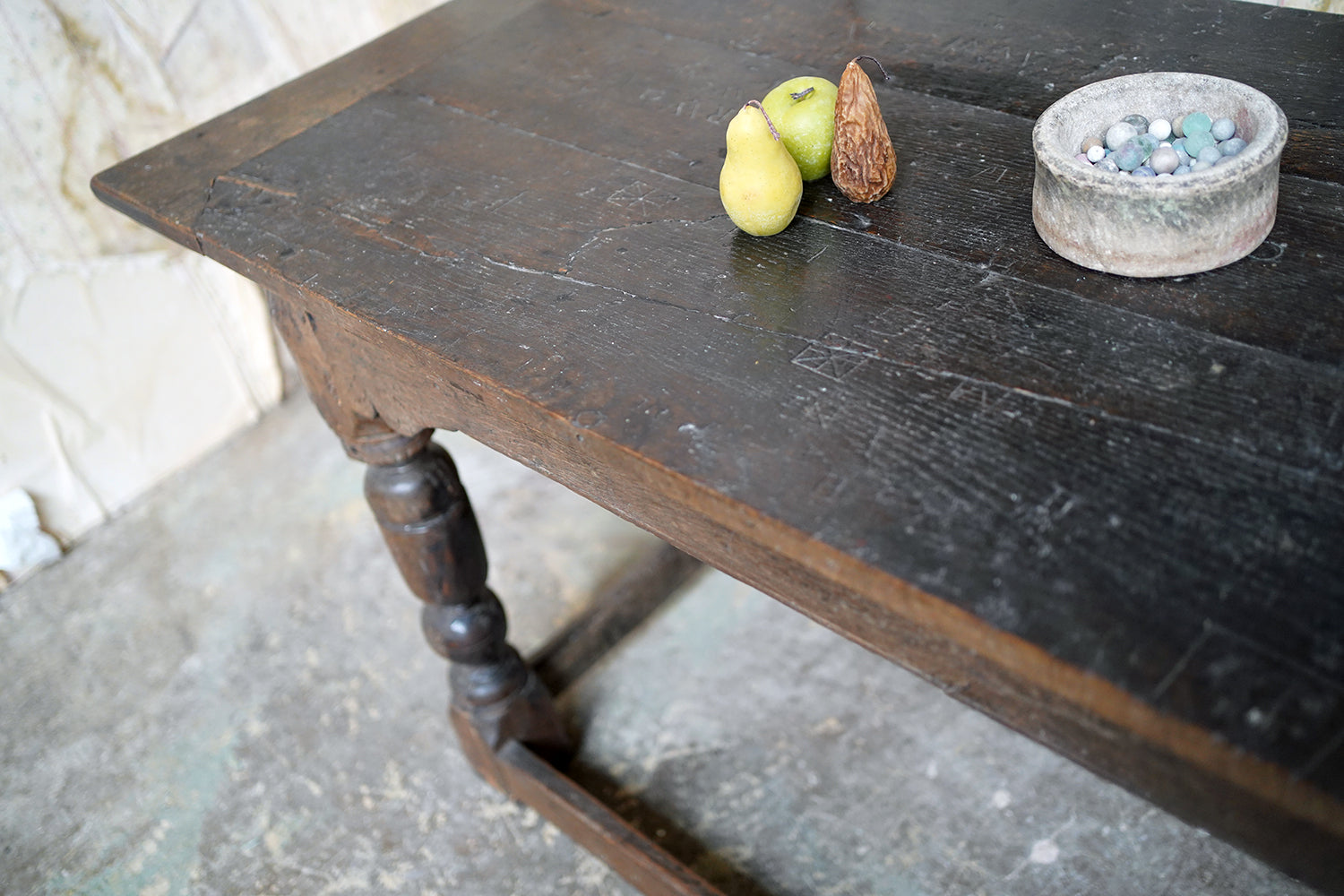 A 17thC English Graffitied Oak Refectory Table; Southwick Hall, Northamptonshire c.1680