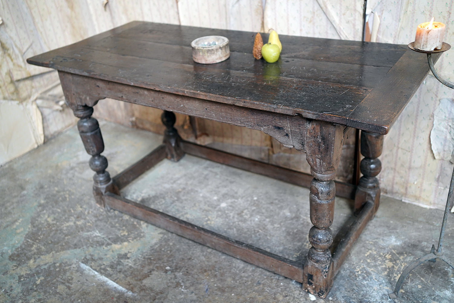 A 17thC English Graffitied Oak Refectory Table; Southwick Hall, Northamptonshire c.1680