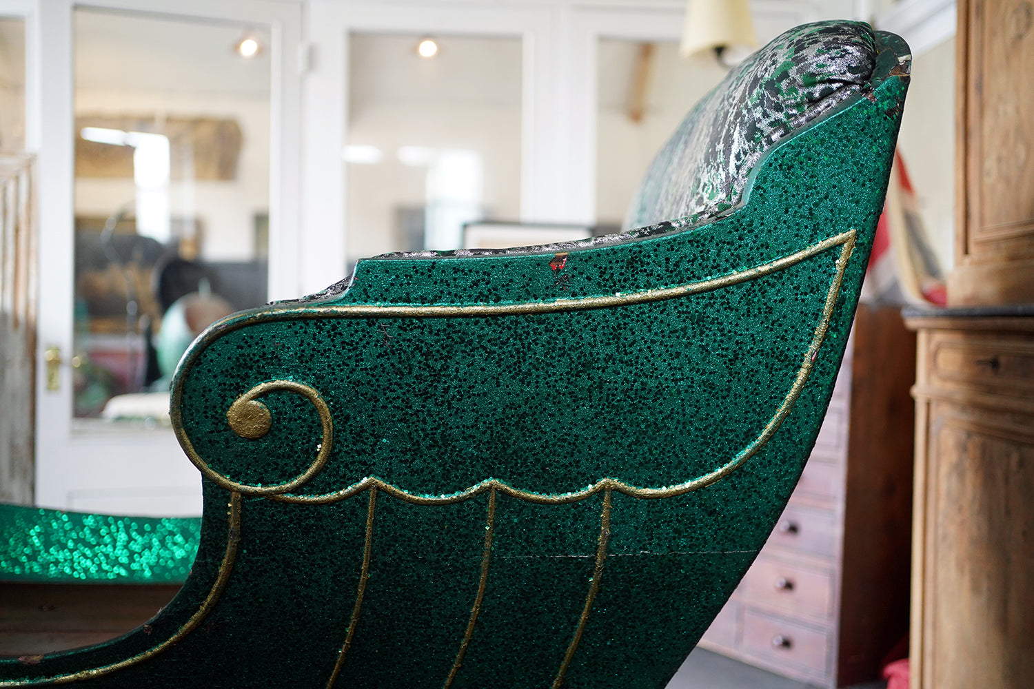 A Full-Size Late Victorian Green & Gold Painted Sleigh; Ex Harrods Department Store c.1895