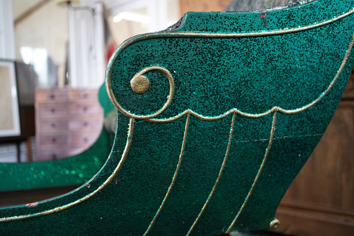 A Full-Size Late Victorian Green & Gold Painted Sleigh; Ex Harrods Department Store c.1895