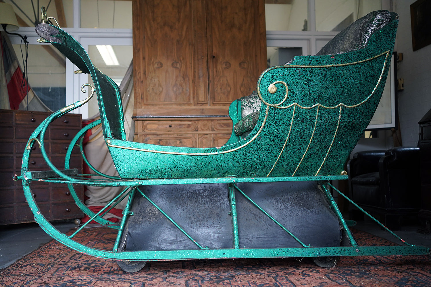 A Full-Size Late Victorian Green & Gold Painted Sleigh; Ex Harrods Department Store c.1895