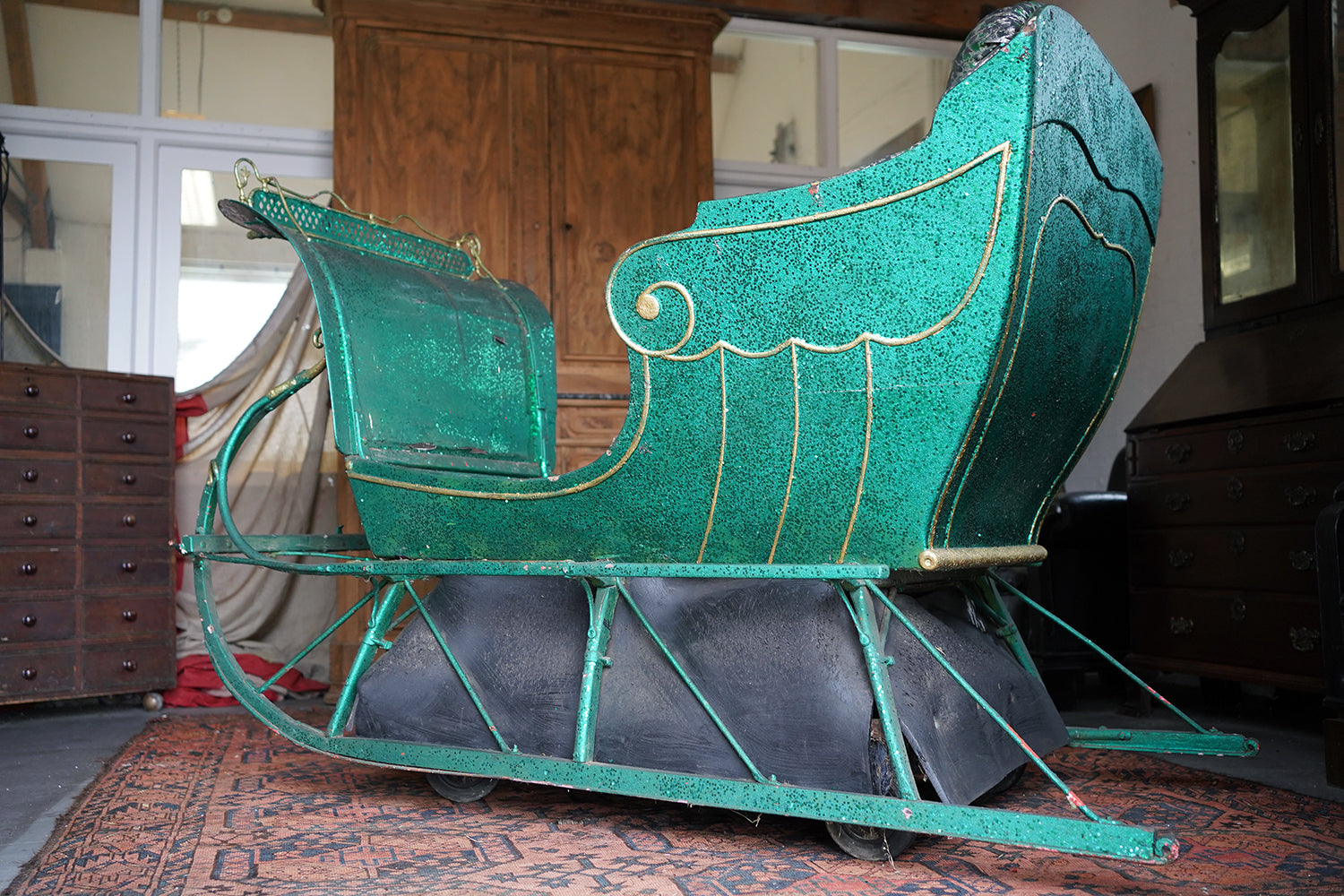 A Full-Size Late Victorian Green & Gold Painted Sleigh; Ex Harrods Department Store c.1895