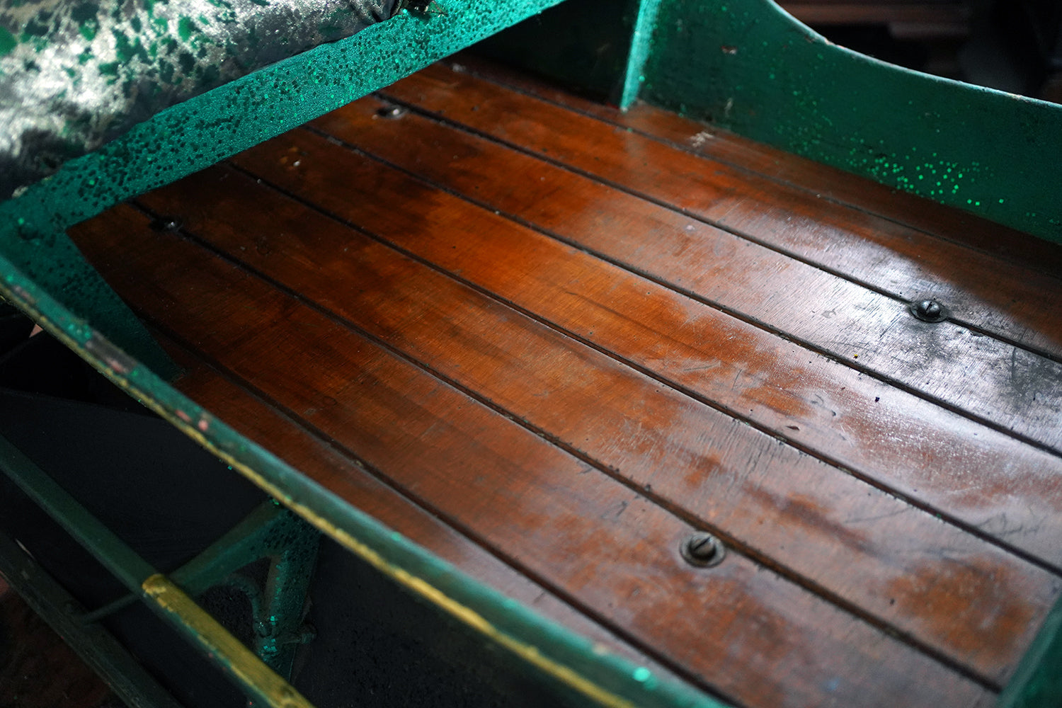 A Full-Size Late Victorian Green & Gold Painted Sleigh; Ex Harrods Department Store c.1895
