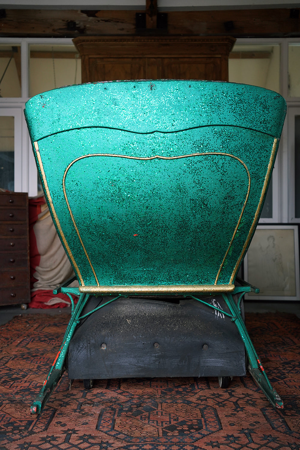 A Full-Size Late Victorian Green & Gold Painted Sleigh; Ex Harrods Department Store c.1895