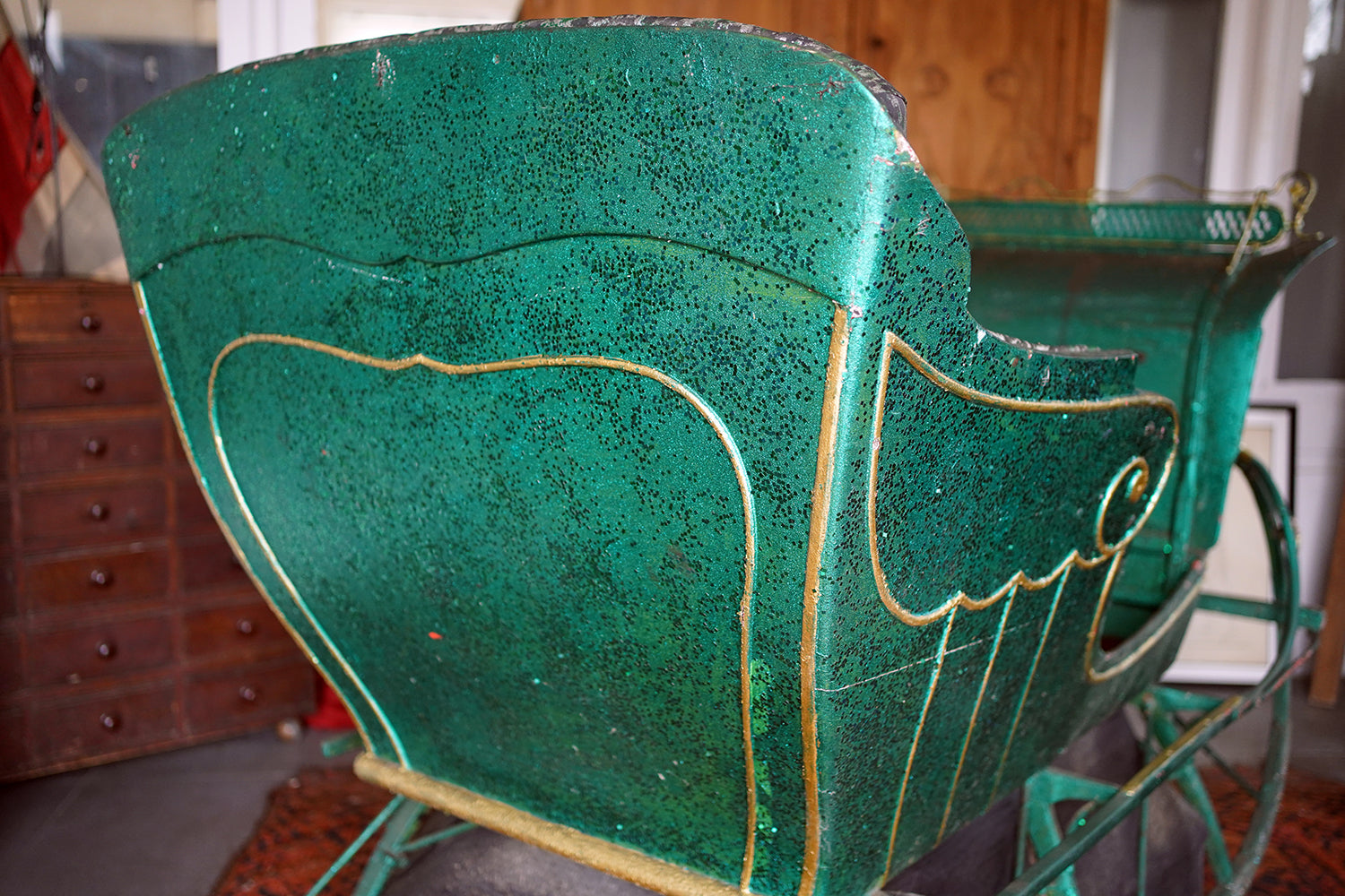 A Full-Size Late Victorian Green & Gold Painted Sleigh; Ex Harrods Department Store c.1895