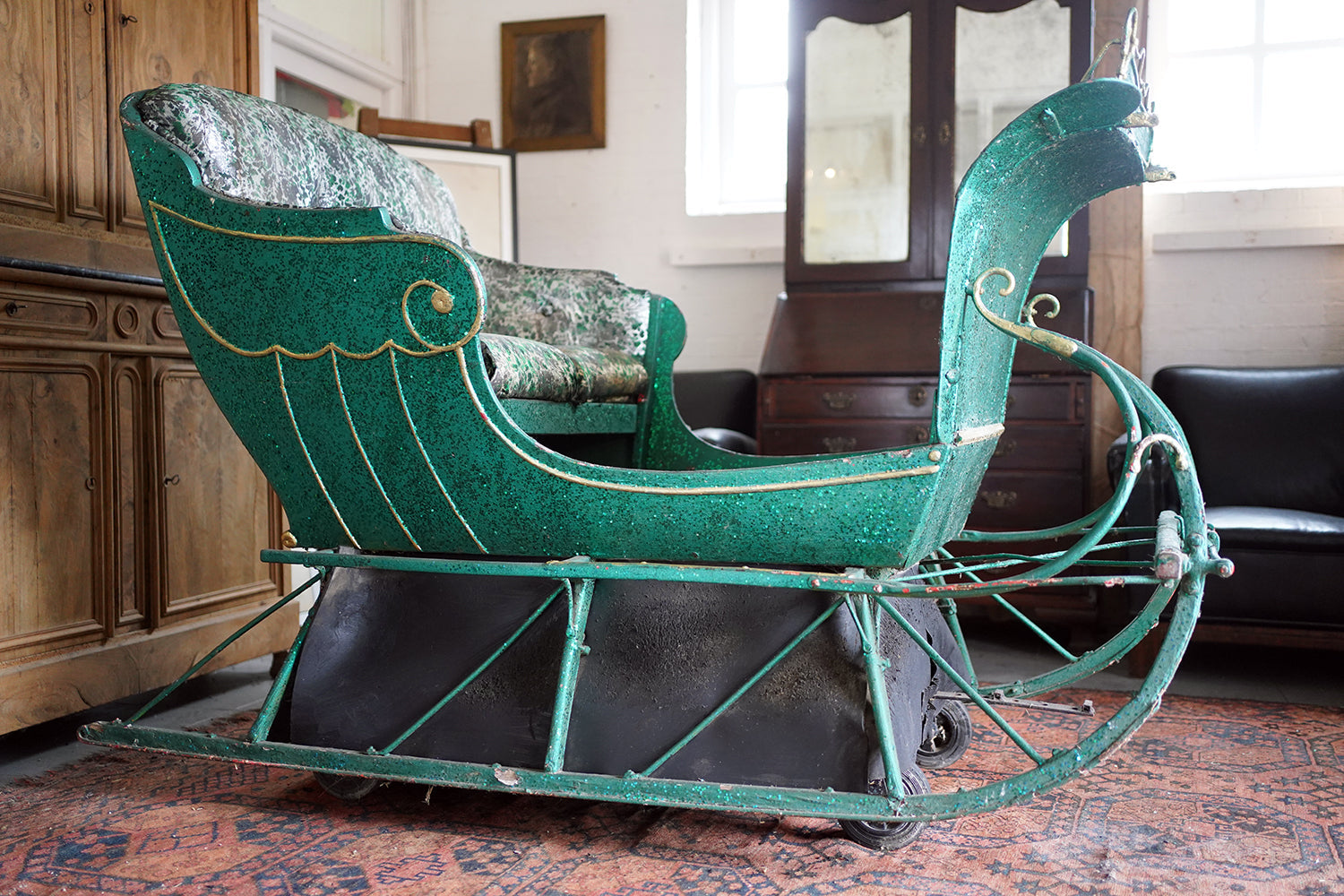A Full-Size Late Victorian Green & Gold Painted Sleigh; Ex Harrods Department Store c.1895