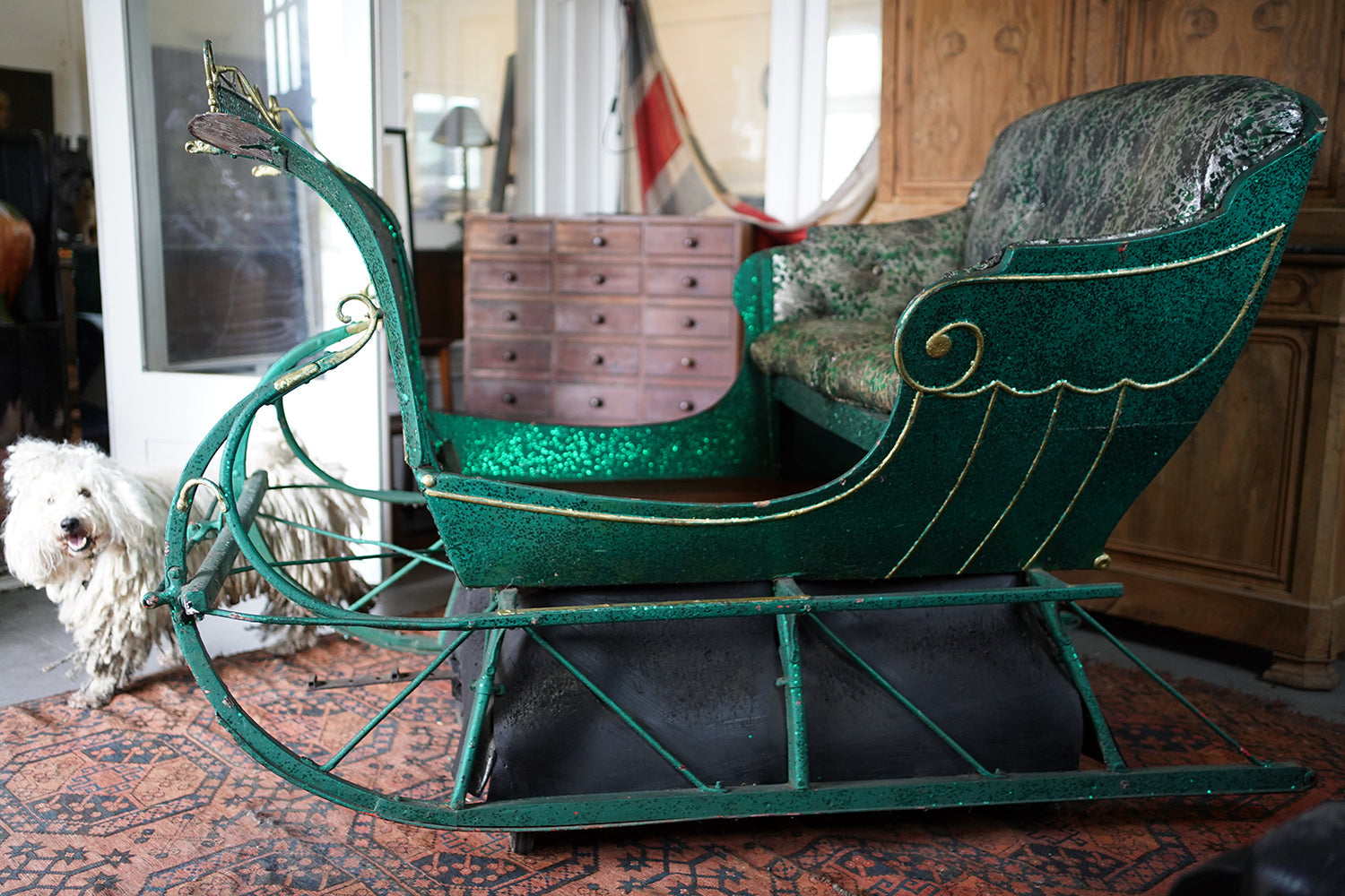 A Full-Size Late Victorian Green & Gold Painted Sleigh; Ex Harrods Department Store c.1895