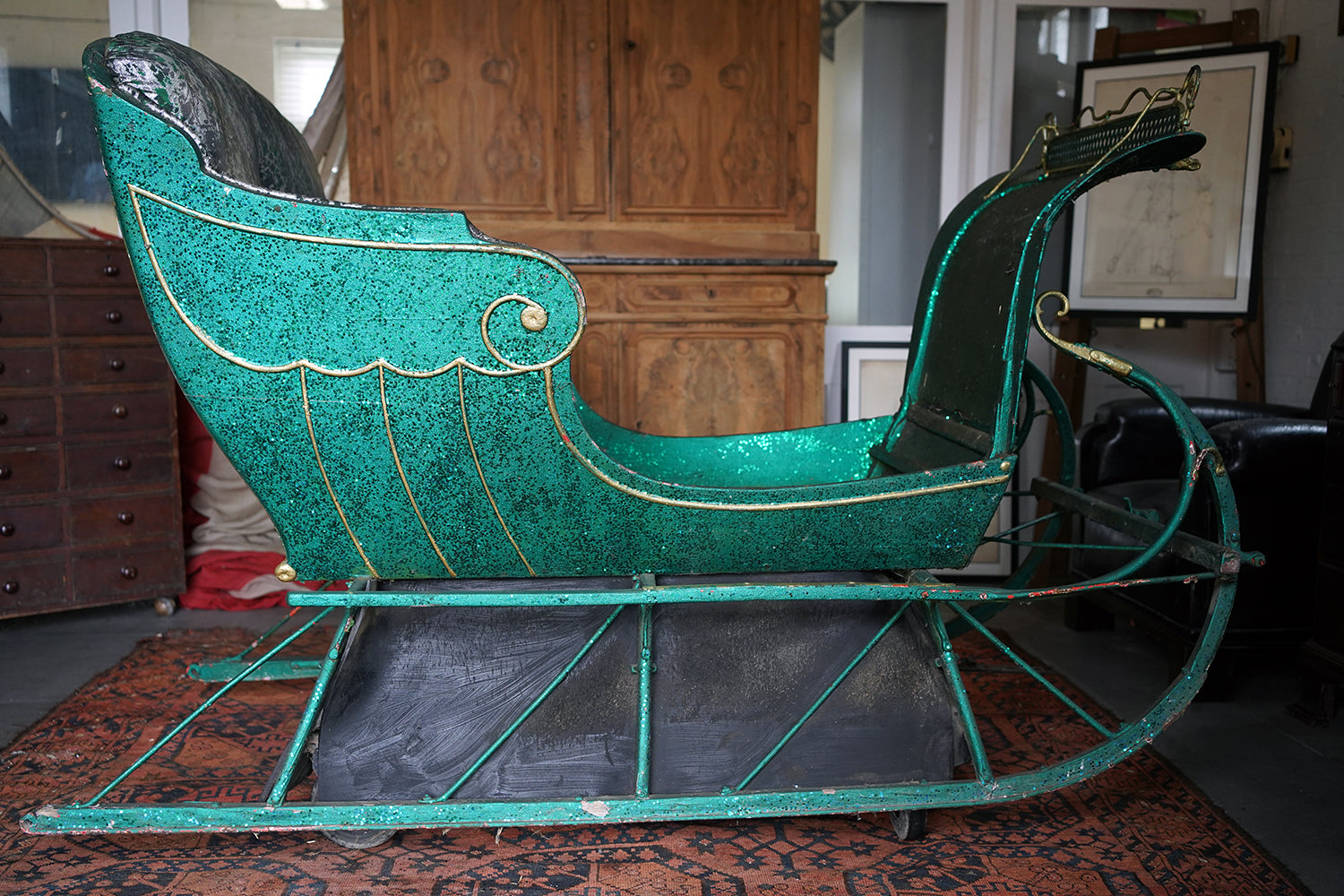 A Full-Size Late Victorian Green & Gold Painted Sleigh; Ex Harrods Department Store c.1895