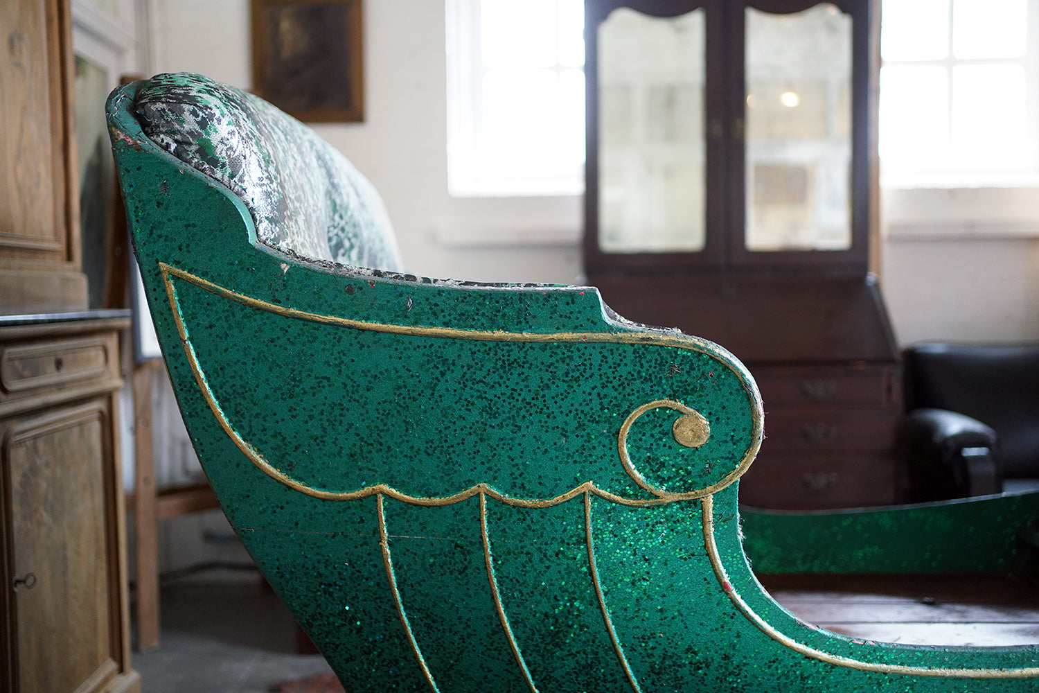 A Full-Size Late Victorian Green & Gold Painted Sleigh; Ex Harrods Department Store c.1895