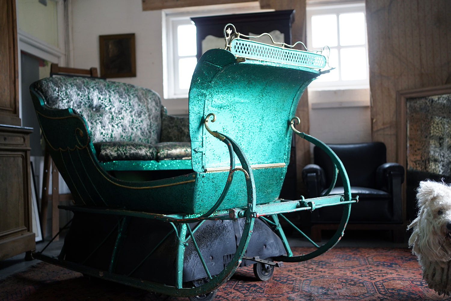 A Full-Size Late Victorian Green & Gold Painted Sleigh; Ex Harrods Department Store c.1895