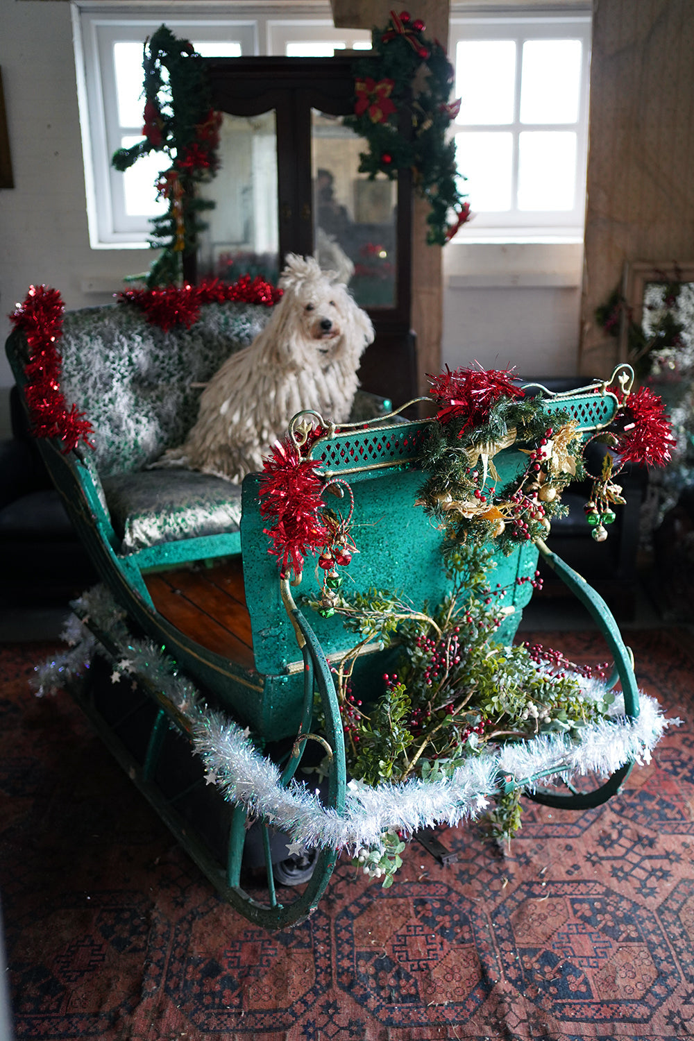A Full-Size Late Victorian Green & Gold Painted Sleigh; Ex Harrods Department Store c.1895