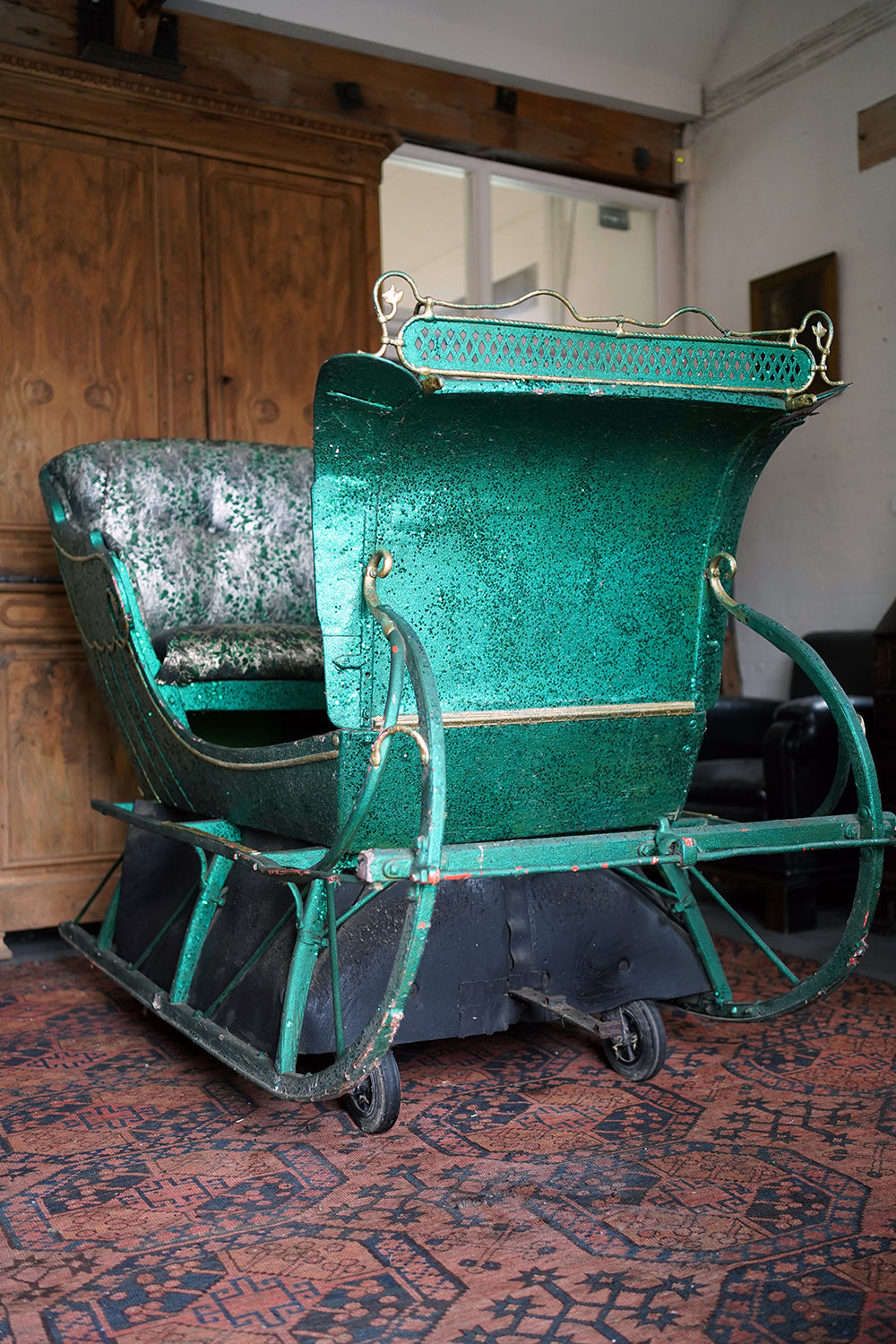 A Full-Size Late Victorian Green & Gold Painted Sleigh; Ex Harrods Department Store c.1895
