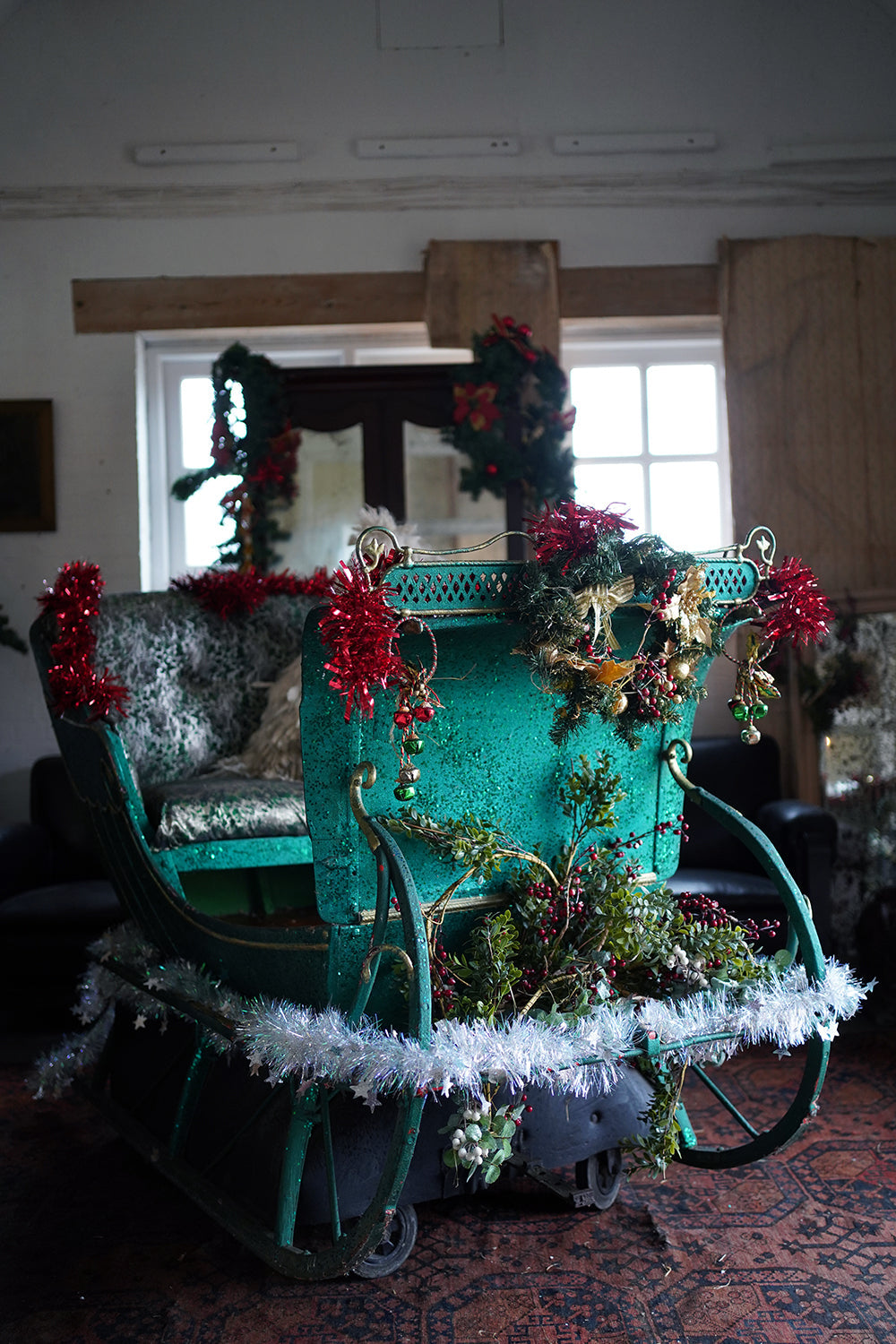 A Full-Size Late Victorian Green & Gold Painted Sleigh; Ex Harrods Department Store c.1895