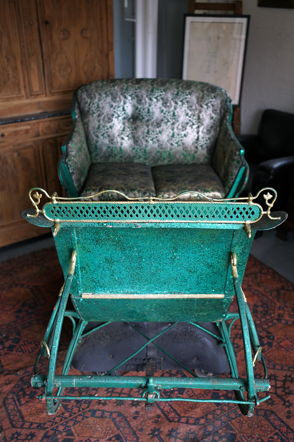 A Full-Size Late Victorian Green & Gold Painted Sleigh; Ex Harrods Department Store c.1895