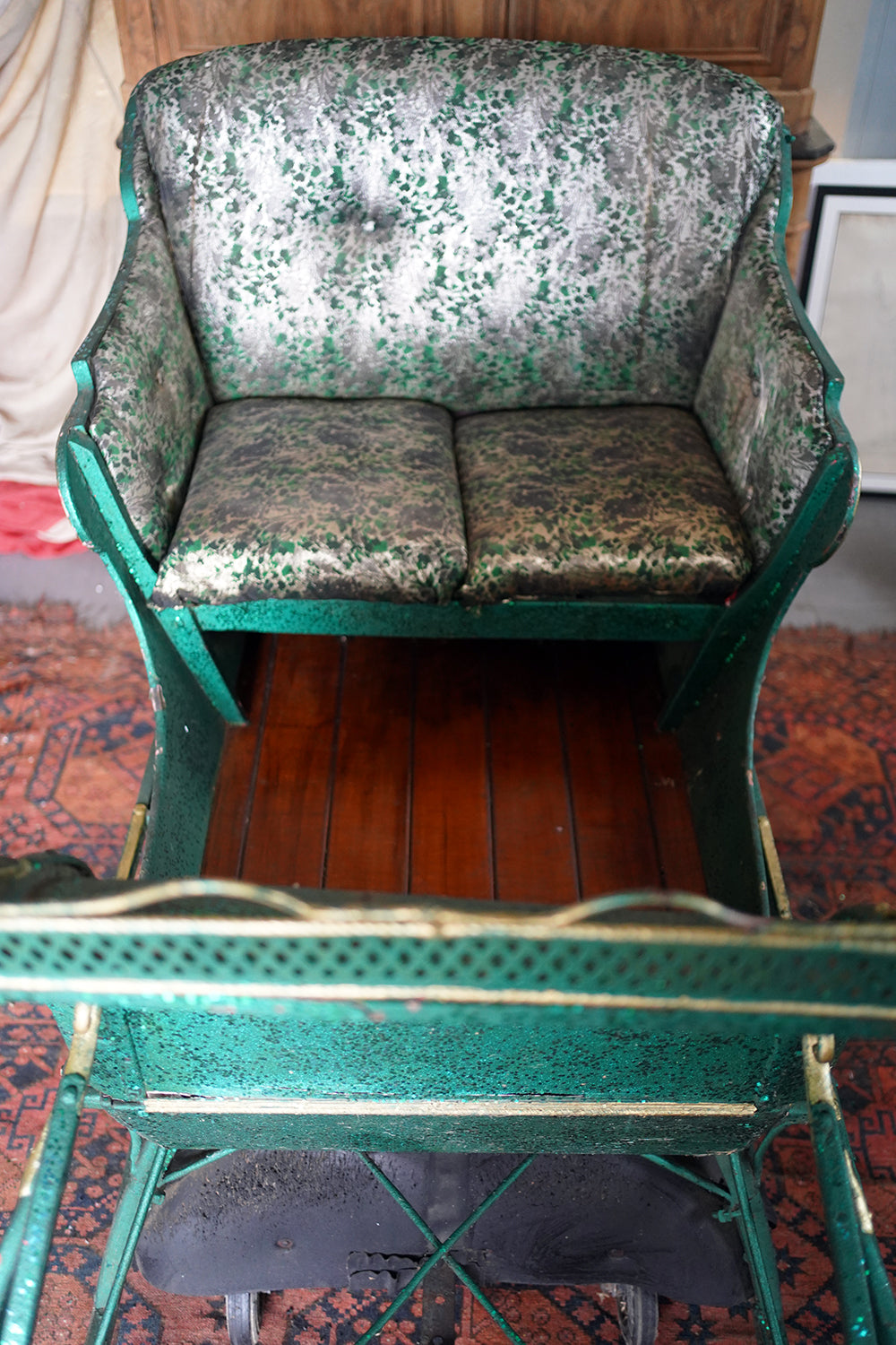 A Full-Size Late Victorian Green & Gold Painted Sleigh; Ex Harrods Department Store c.1895