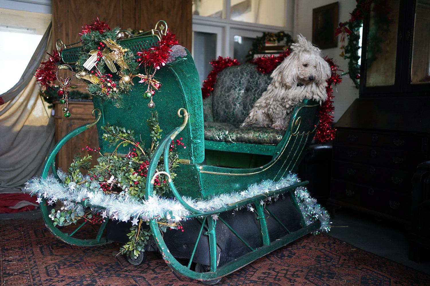 A Full-Size Late Victorian Green & Gold Painted Sleigh; Ex Harrods Department Store c.1895