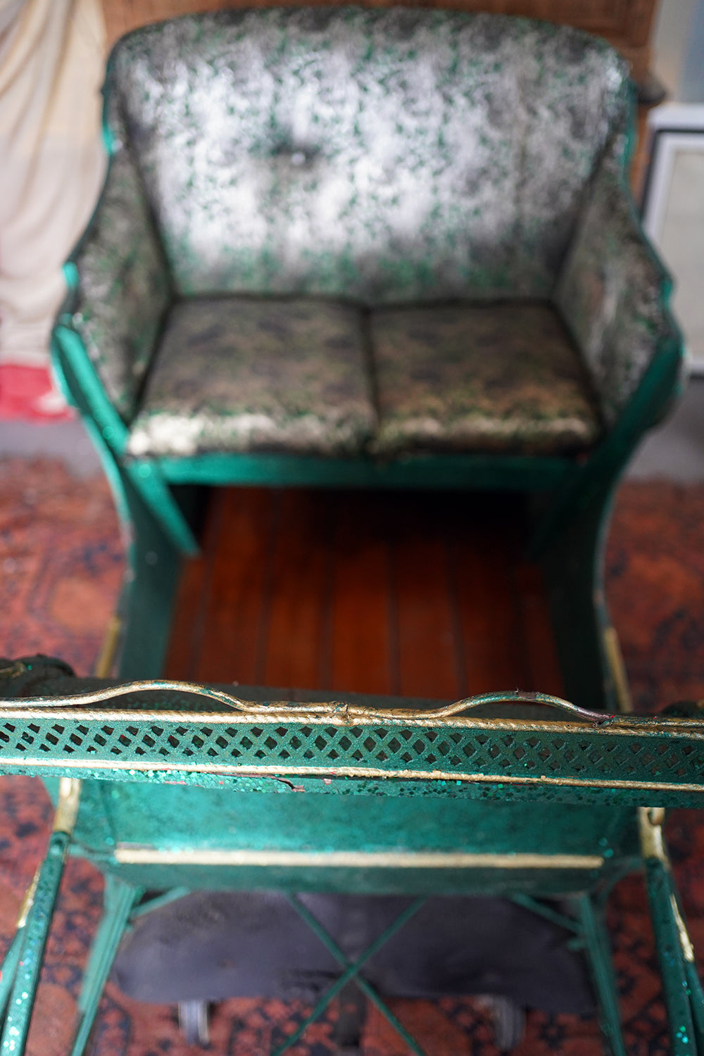 A Full-Size Late Victorian Green & Gold Painted Sleigh; Ex Harrods Department Store c.1895
