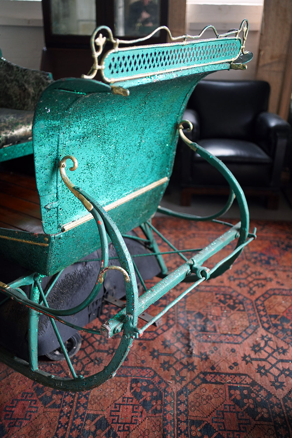 A Full-Size Late Victorian Green & Gold Painted Sleigh; Ex Harrods Department Store c.1895