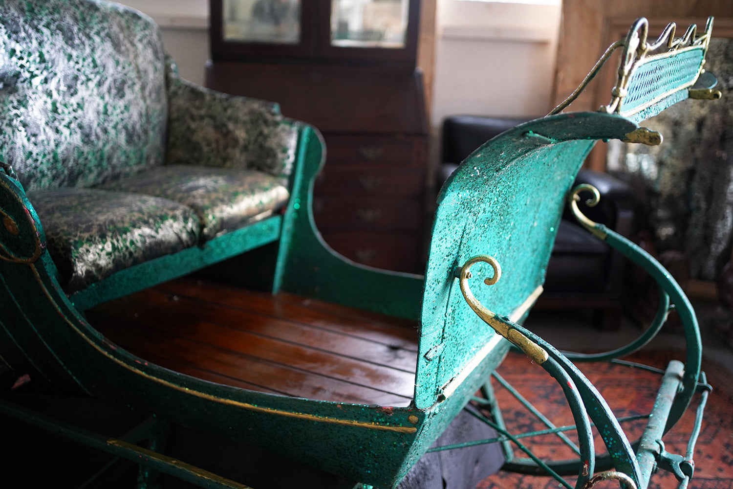 A Full-Size Late Victorian Green & Gold Painted Sleigh; Ex Harrods Department Store c.1895