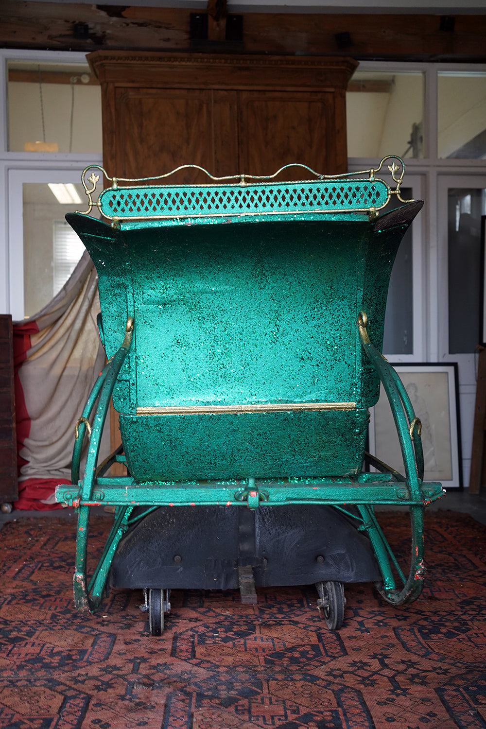 A Full-Size Late Victorian Green & Gold Painted Sleigh; Ex Harrods Department Store c.1895
