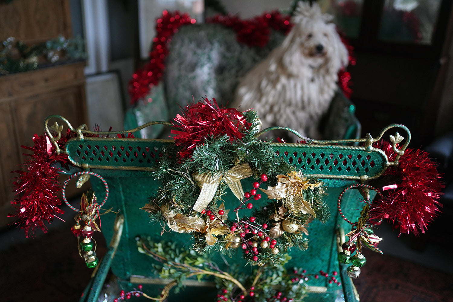 A Full-Size Late Victorian Green & Gold Painted Sleigh; Ex Harrods Department Store c.1895