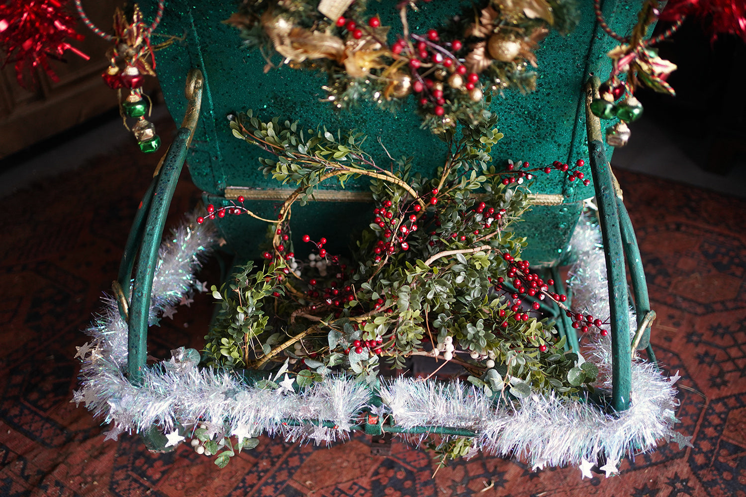 A Full-Size Late Victorian Green & Gold Painted Sleigh; Ex Harrods Department Store c.1895